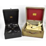 HMV; a wind up gramophone with original advertising songster needle tin and a BSR Monarch portable