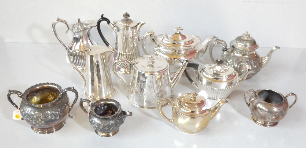 A group of silver plated tea set items including Walker & Hall teapot with cast detail to rim, an