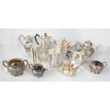 A group of silver plated tea set items including Walker & Hall teapot with cast detail to rim, an