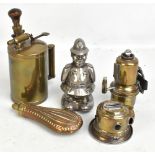 A mixed group of collectors' items including a copper powder flask with brass mount, a chrome plated