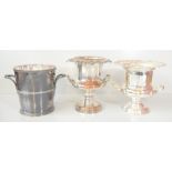 Three silver plated ice buckets including a Reed & Barton twin handled example with banded Greek key