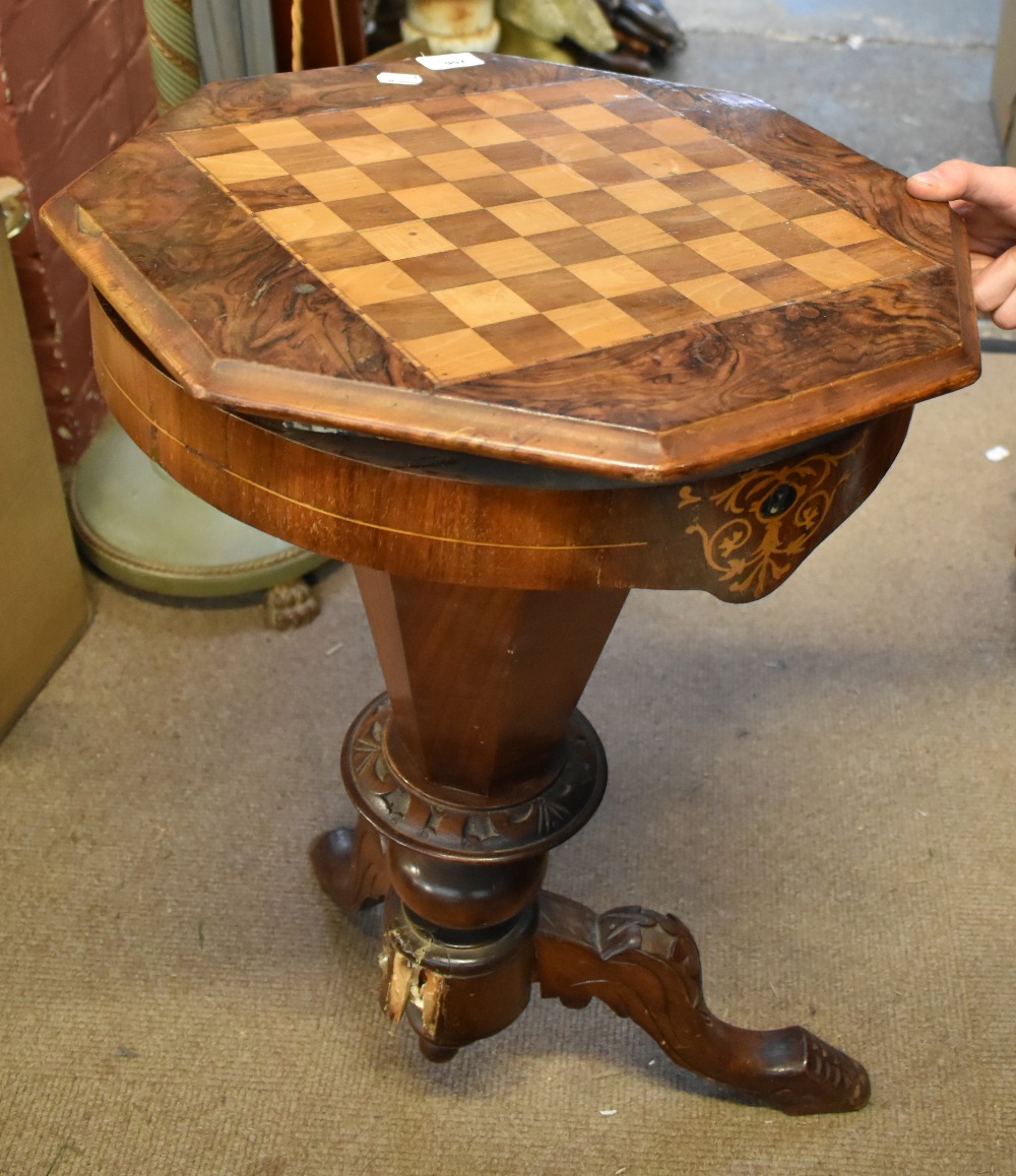 A Victorian burr walnut veneered inlaid chess top jewellery table, raised on outswept supports,