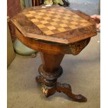 A Victorian burr walnut veneered inlaid chess top jewellery table, raised on outswept supports,