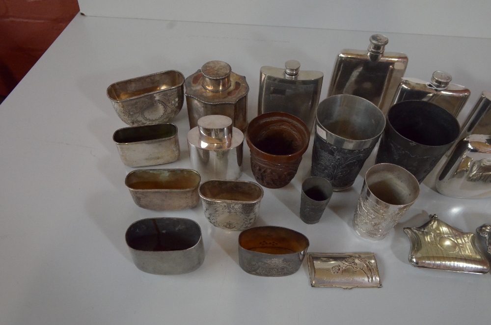 A group of silver plated items including numerous hip flasks and cups, some with monograms, tea - Image 4 of 4