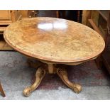 A Victorian walnut tilt-top loo table with inlaid burr top, length 136cm.Additional