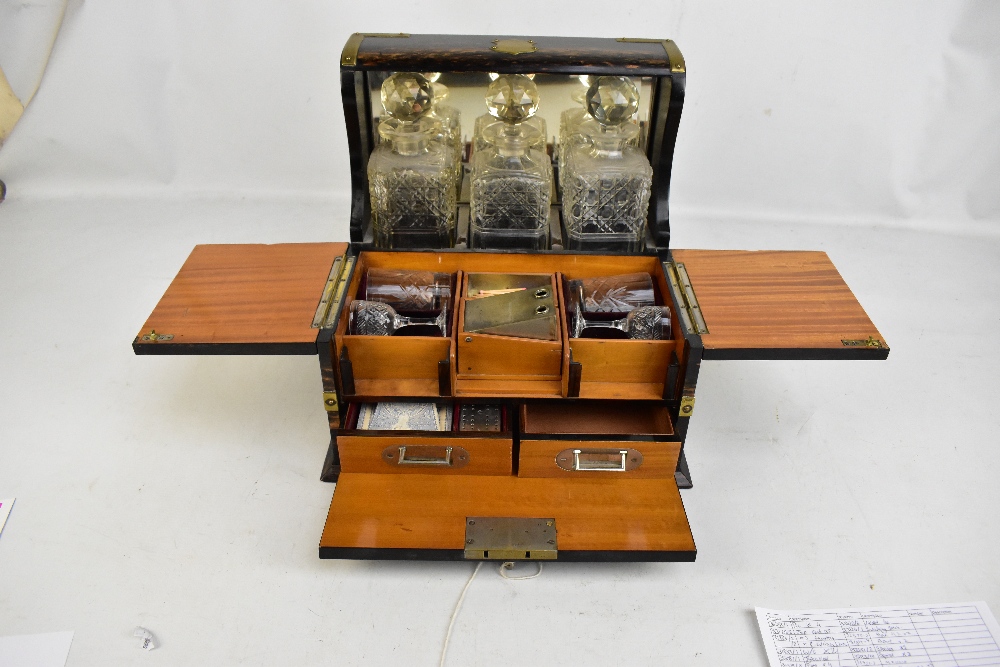 A 19th century brass bound coromandel tantalus/gaming box housing three hobnail cut glass decanters, - Image 6 of 6
