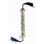 JUDAICA; a Megillah scroll holder with foliate pierced frame and pull-off end cap, length 16.5cm,