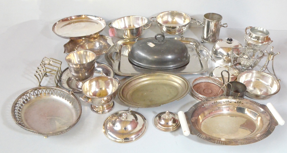 A group of silver plated items including pedestal bowls, a twin handled rectangular tray, etc,