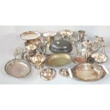 A group of silver plated items including pedestal bowls, a twin handled rectangular tray, etc,