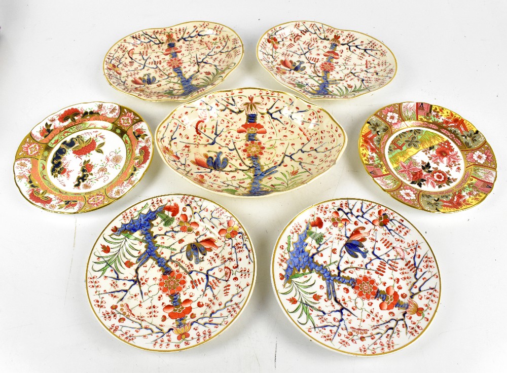DERBY; a 19th century Imari decorated five piece part service, length of largest example 28cm, and