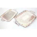 CHARLES HOWARD COLLINS; a silver plated twin handled tray with cast foliate scroll rim and