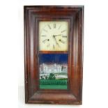 An early/mid-20th century American wall clock, the square tin dial set with Roman numerals above