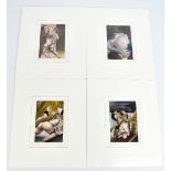 Four early 20th century hand coloured lithographs depicting erotic scenes, 16 x 11.5cm, mounted