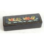 A 20th century Russian lacquered box painted with troika scenes, indistinctly signed, possibly F.