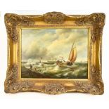 A LADD; oil on panel, sailing vessels in stormy seas, signed lower left, 29 x 39.5cm, framed.