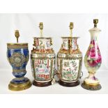 A Royal Doulton table lamp, a pair of modern decorative Chinese lamps and a floral decorated lamp (
