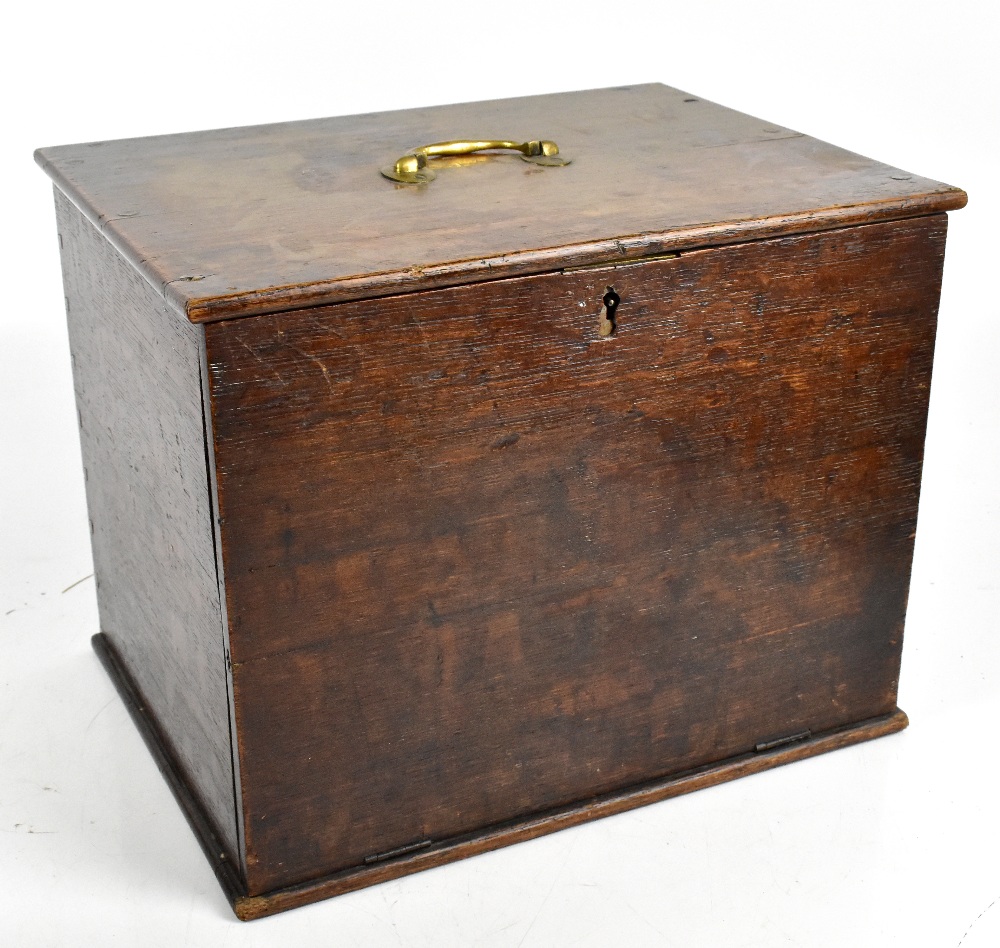 A 19th century oak box with fall-front and brass swan neck handle, height 33cm.Additional