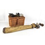 A group of sporting items including Milward and other split cane fishing rods, assorted reels,