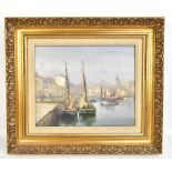 G. AUGUZEAU; oil on canvas, a Continental harbour scene with moored boats, signed, 21 x 25cm,