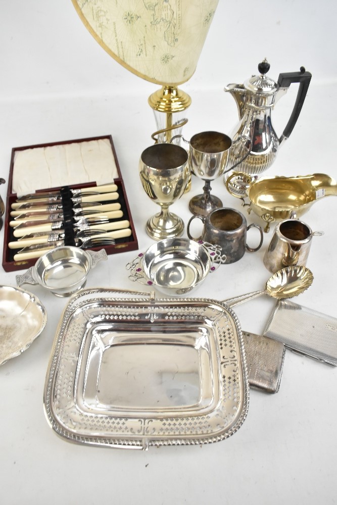 A group of 19th century and later silver plate and metalware to include a swing handled basket, - Image 3 of 3