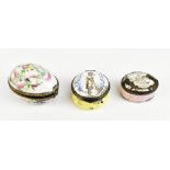An 18th century Staffordshire enamel patch box (af), width 4cm, a circular example, width 4.5cm, and