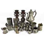 A group of 19th century and later pewter including a coffee pot, a pair of modern Japanese bronzed