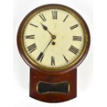 An early 19th century mahogany drop dial wall clock, the circular dial set with Roman numerals,