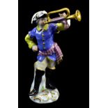 MEISSEN; a late 19th century figure of a trumpeter, painted blue crossed swords mark to base, with