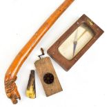 Four items including a 19th century mahogany cased compass, a 19th century walking cane with