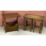 A reproduction oak magazine rack/coffee table and a nest of three oak coffee tables.Additional