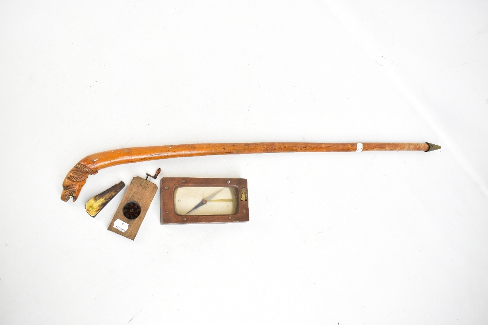 Four items including a 19th century mahogany cased compass, a 19th century walking cane with - Image 2 of 2