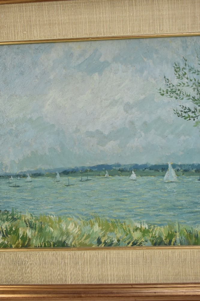 PAUL CHAFRET; oil on board, 'Regatta Argenteuil 1938', signed and inscribed verso, 38 x 63cm, - Image 4 of 7