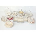 A group of silver plated items including an hors d'oeuvres tray, butter dishes, etc.Additional