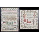 Two early 19th century samplers, the larger with ‘Rock of Ages’ verse, a church and trees, the