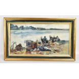 FOLLOWER OF EUGENE BOUDIN (1824-1898); oil on canvas, figures washing clothes on a riverbank,
