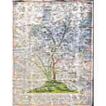 An unusual and interesting large silkwork panel decorated with central intertwined trees within a