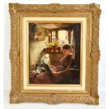 FREDERICK GEORGE COTMAN (1850-1920); oil on canvas, interior scene with woman reading a newspaper