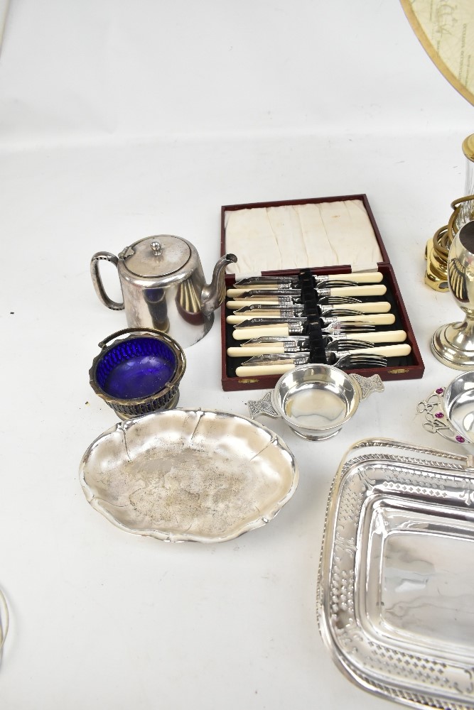 A group of 19th century and later silver plate and metalware to include a swing handled basket, - Image 2 of 3