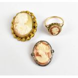 A 9ct yellow gold ring set with cameo featuring bust of a lady, size K, approx 3.0g, and two further