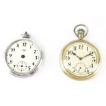 A base metal keyless wind open face pocket watch, the case back inscribed 'G.W.