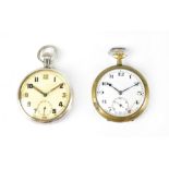 A base metal keyless wind military issue pocket watch, the case back inscribed '↑ G.S.T.P.