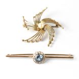 A 9ct gold and swirl brooch with central pearl and a yellow metal bar brooch set with an aquamarine