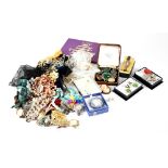 Various items of costume jewellery to include rings, brooches, necklaces etc, also a 1980 coin set.