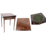 An Edwardian inlaid rosewood envelope table, one frieze drawer, to tapering supports and castors,