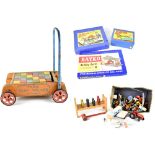 A quantity of vintage toys to include a Tri-ang baby walker with coloured wooden blocks,
