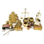 A collection of brass and other metalware to include letter rack, lamps, jewellery box,