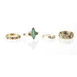 Four fashion rings to include a 9ct two-tone gold sapphire and tiny diamond eternity ring, size N,