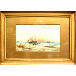 MARY FOX; watercolour, coastal landscape with moored boats, signed and dated 1902 lower right,