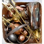 A quantity of mixed copper and brass to include fireside tools, brass wall-mounted salt box,