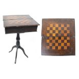 A Victorian inlaid mahogany square-topped games table, the top with chess board within borders,